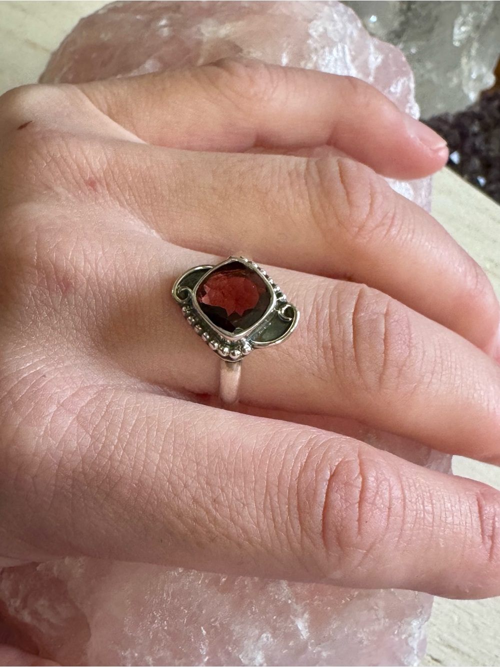 Sterling Silver Garnet Ring - Deep Red Gemstone